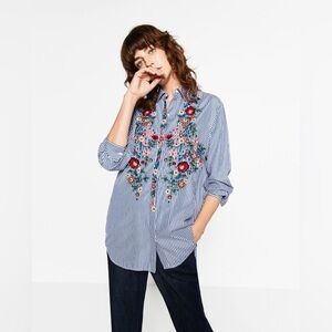 Zara Woman S Blue Striped Colorful Floral Embroidered Long Slv Button Blouse